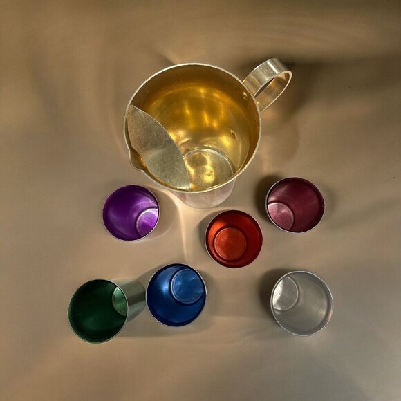 Aluminum Gold Pitcher & 6 Colorful Cups,Vintage,Vibrant,Pride, Retro MCM - Picture 3 of 16